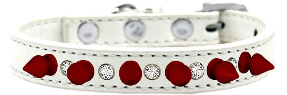 Crystal and Red Spikes Dog Collar White Size 12